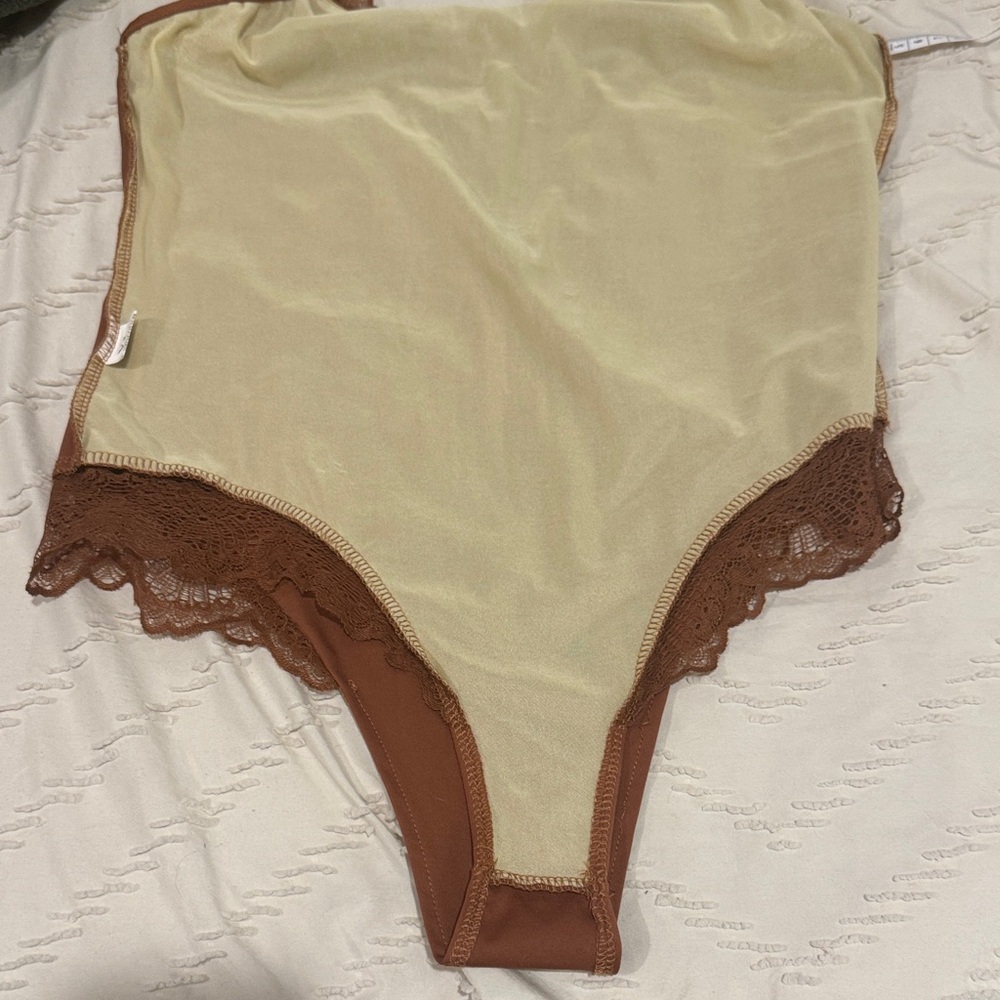 Lace Trim Satin Chemise Bodysuit in Rust - Picture 10 of 10